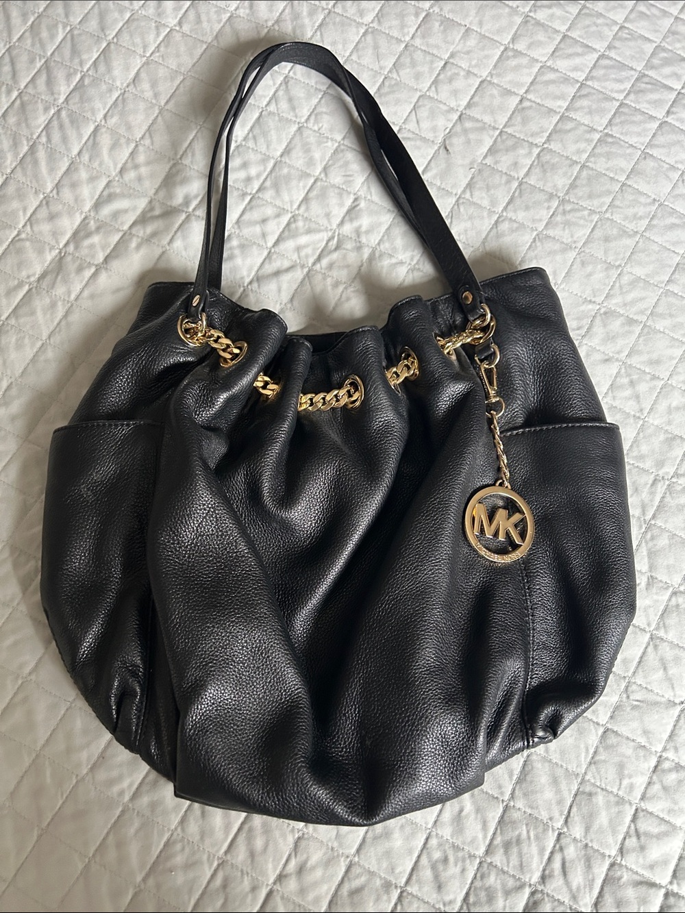Michael Kors Black Pebbled Leather Shoulder Bag with Gold MK Charm